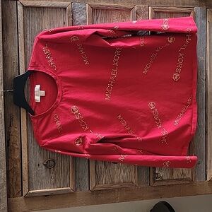 Michael Kors Red Long Sleeve Top, Gold Logo Studs, Round Neck, 100% Cotton LG